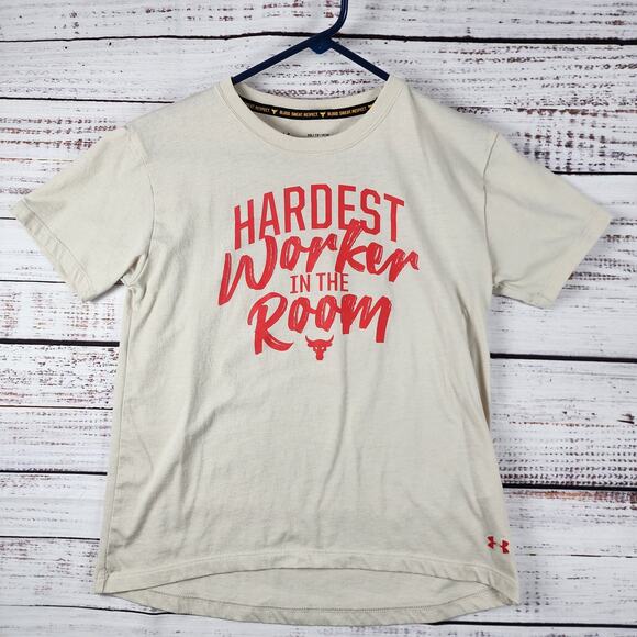 Under Armour Project Rock Women’s T-Shirt XS Beige “Hardest Worker In The Room” - Picture 1 of 7